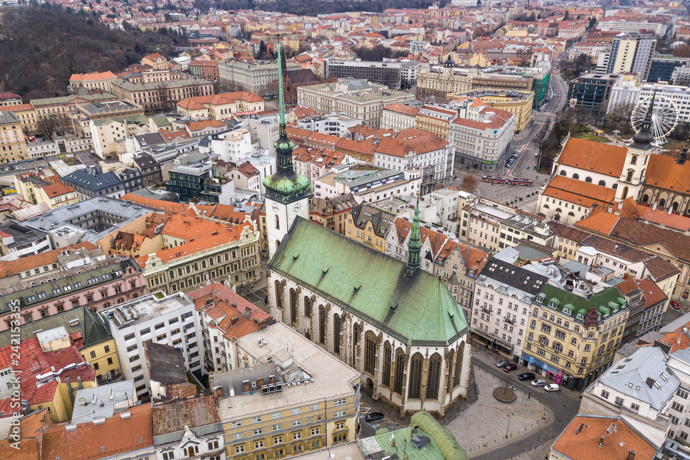 Aerial view of St. Jacob's Church in Brno