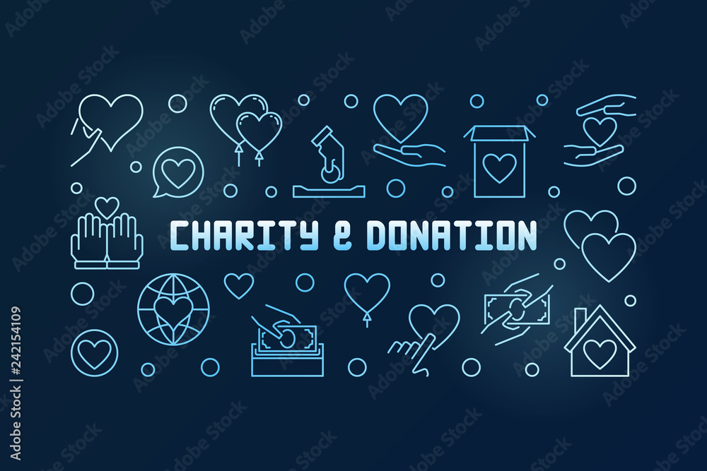 Charity and Donation vector blue outline banner or illustration on dark background