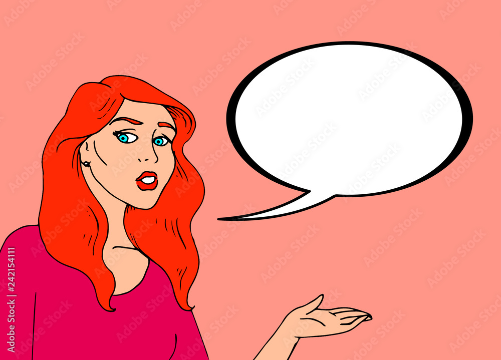 Illustration of a pretty young woman showing something while saying something