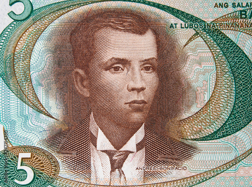 Andres Bonifacio portrait on Philippine 5 peso (1969) close up. Philippines revolutionary leader, Father of the Philippine Revolution..