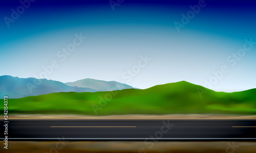Side view of a road, roadside, green meadow in the hills and clear blue sky background, vector illustration