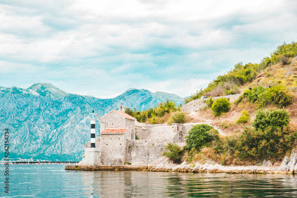 landscape view of montenegro bay. overcast weather. lighthouse