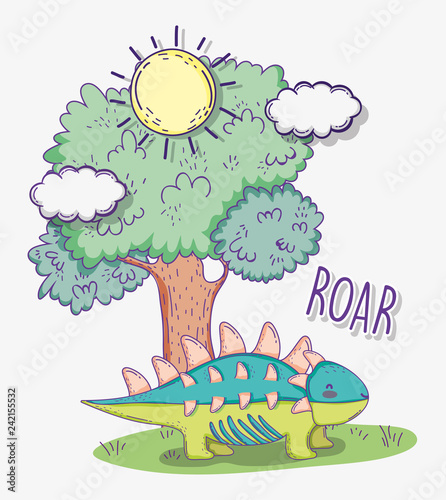 ankylosaurus animal with tree and sun with clouds