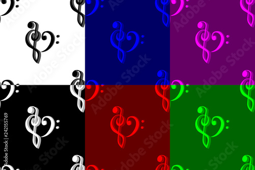 Heart - violin and bass clef - seamless pattern, Bass and treble clef, heart ( black, red, white, blue, purple, green ) background,