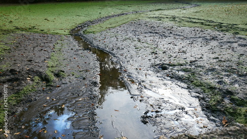 Contaminated empty pond with oil and mud. photo