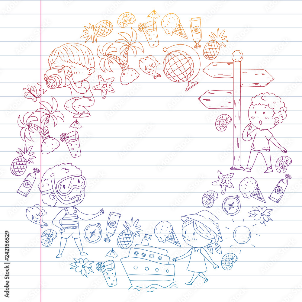 Happy children playing at seashore, beach, sea, ocean. Kids vacation and travelling. Swimming, doodle icons globe, cruise ship, cocktails. Happy children playing at seashore, beach, sea, ocean. Kids vacation and travelling. Swimming, doodle icons globe, cruise ship, cocktails.