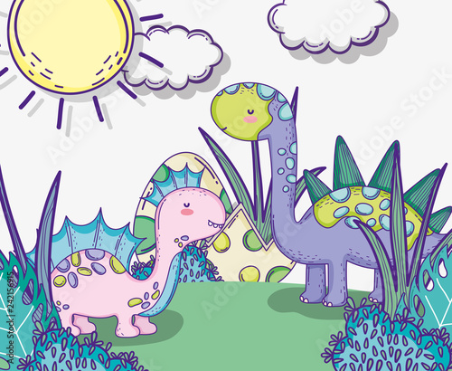 corythosaururs and stegosaurus animal with dino eggs