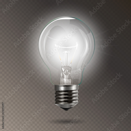 Transparent glowing electric light bulb with a silver base. Realistic style. Isolated background. Object for infographics, presentations, web design, poster, banner.