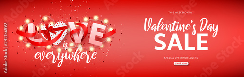 Promo seasonal banner for Valentine's Day sale. Vector illustration with 3d letters and gift box, confetti, glowing garland with bulbs in shape of hearts. Holiday greeting card.
