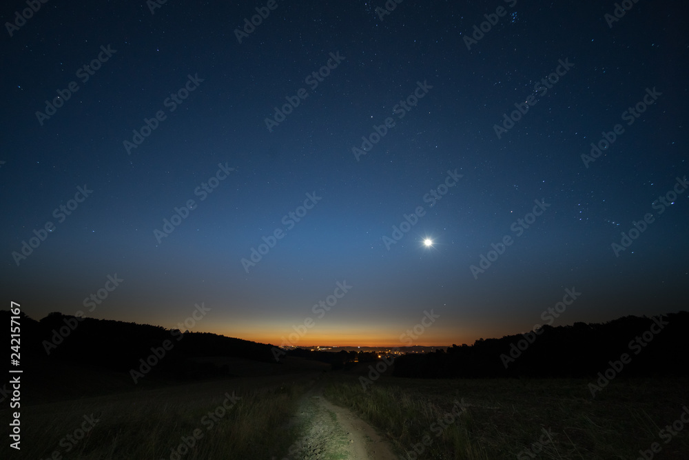 Night sky in the summer field panorama Night sky in the summer field panorama