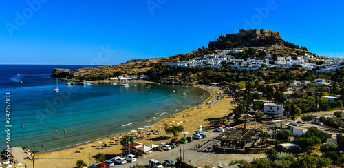 LINDOS,RHODES/GREECE OCTOBER 29 2018 : Lindos village and Lindos bay,photo taken from Kleovoulos Tomb hill. photo