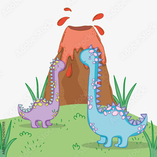 cute brontosaurus couple wildlife with volcano