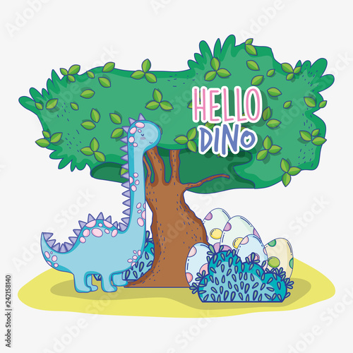 cute brontosaurus with dino eggs and tree