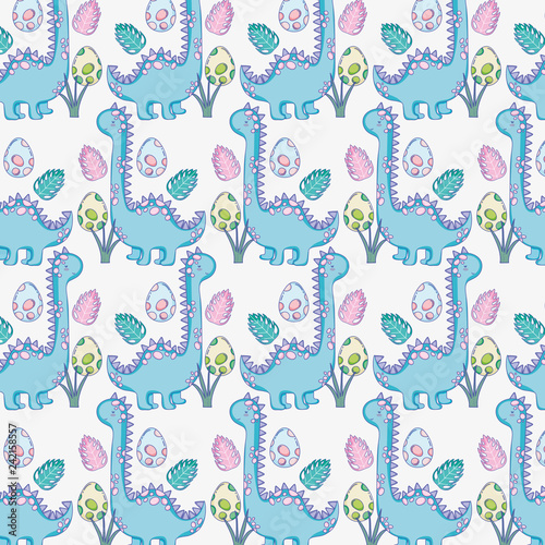 cute brontosaurus with dino eggs background