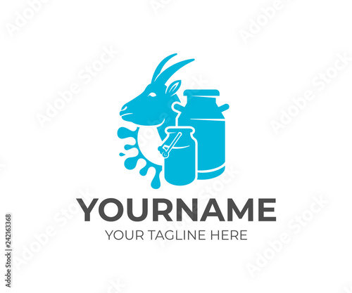 Goat, milk cans and splash milk, logo design. Dairy farm, milk farm, cattle breeding and stock raising, vector design and illustration
