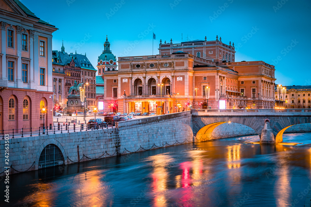 Stockholm city center with Royal Swedish Opera at twilight, Sweden, Scandinavia