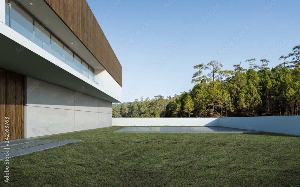 Perspective of luxury modern house with swimming pool and lawn yard in day time, Idea of minimal architecture design. 3D rendering Perspective of luxury modern house with swimming pool and lawn yard in day time, Idea of minimal architecture design. 3D rendering