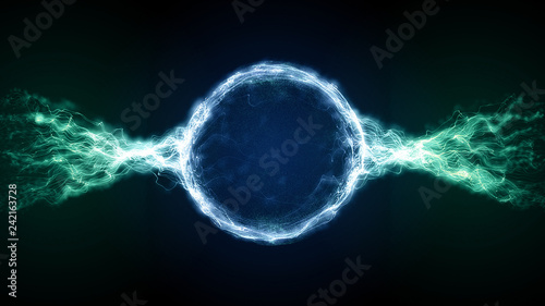 Abstract blue and green futuristic sci-fi plasma circular form. 3D illustration of shining energy force field light strokes waving on a ring motion path for logo or text. 4K Ultra HD photo