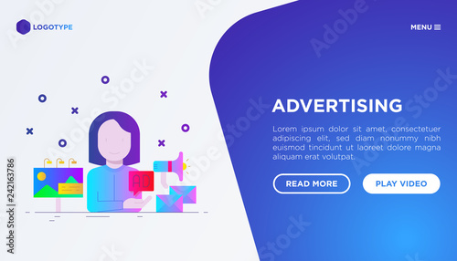 Advertising web page template: woman gives ad on billboard, email and social media. Flat gradient icons. Vector illustration.