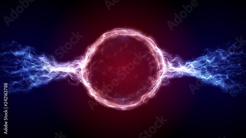 Abstract red and blue futuristic sci-fi plasma circular form. 3D illustration of shining energy force field light strokes waving on a ring motion path for logo or text. 4K Ultra HD photo