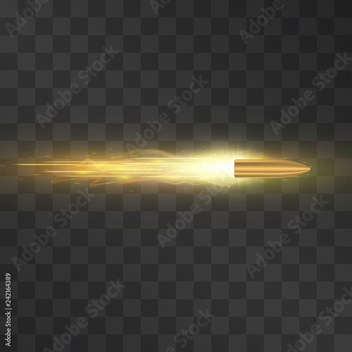 Fired bullet with shining trail, flying to the target vector.  Aggressive attack, dangerous fight, powerful strike or conflict symbol. Bronze slug on transparent background. Fire shot illustration.
