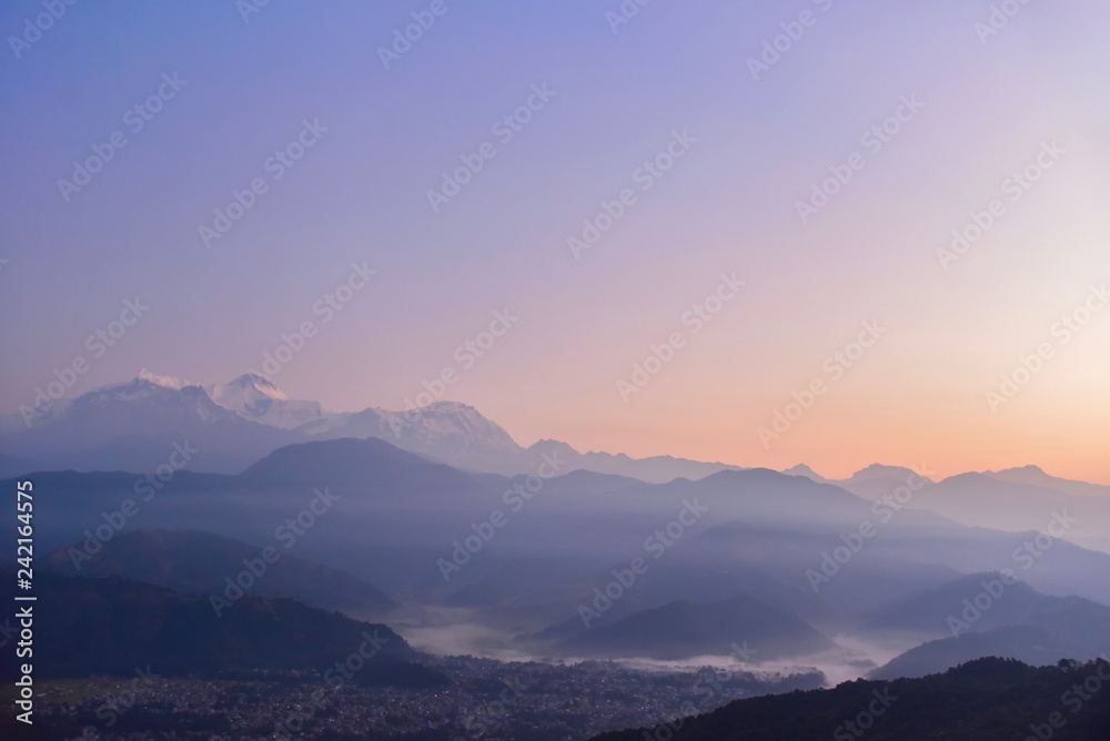 Morning View of the Annapurna Mountain Range and Pokhara Valley from Sarangkot Hill