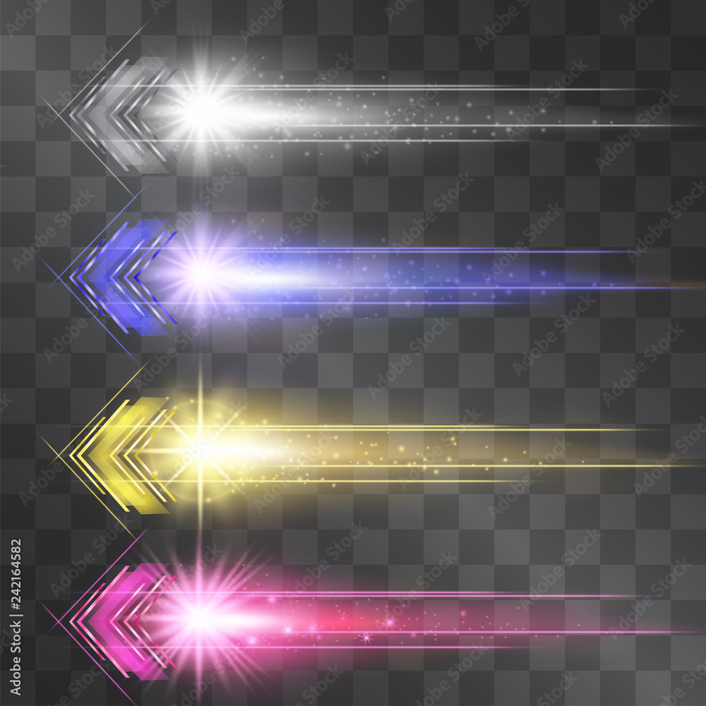 Arrow laser glow vector illumination set. Motion effect light blinking on  transparent background. Speedy energy stream for modern hi tech. Techno  neon flow of fast particles, space shine trail. Stock-Vektorgrafik | Adobe