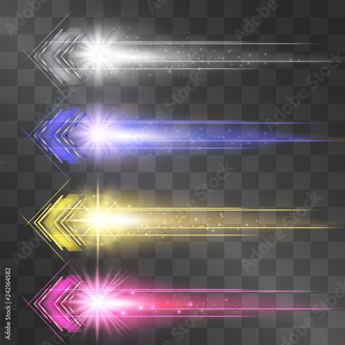 Arrow laser glow vector illumination set. Motion effect light blinking on transparent background. Speedy energy stream for modern hi tech. Techno neon flow of fast particles, space shine trail.