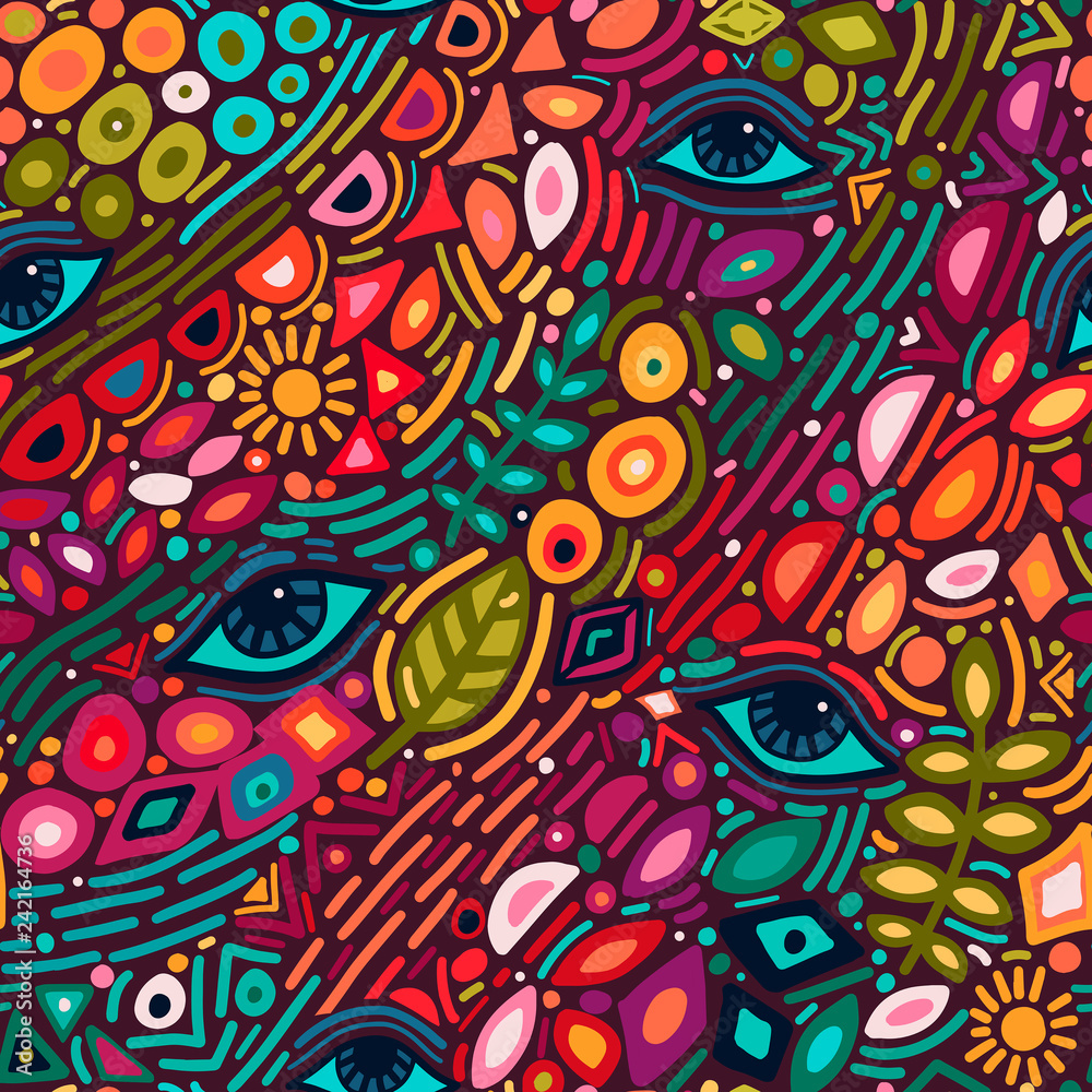 Seamless pattern with abstract botanical ethnic ornaments, florals and leaves. Handdrawn ornament lace backdrop.Floral oriental textile, fabric. Vector background - Vector