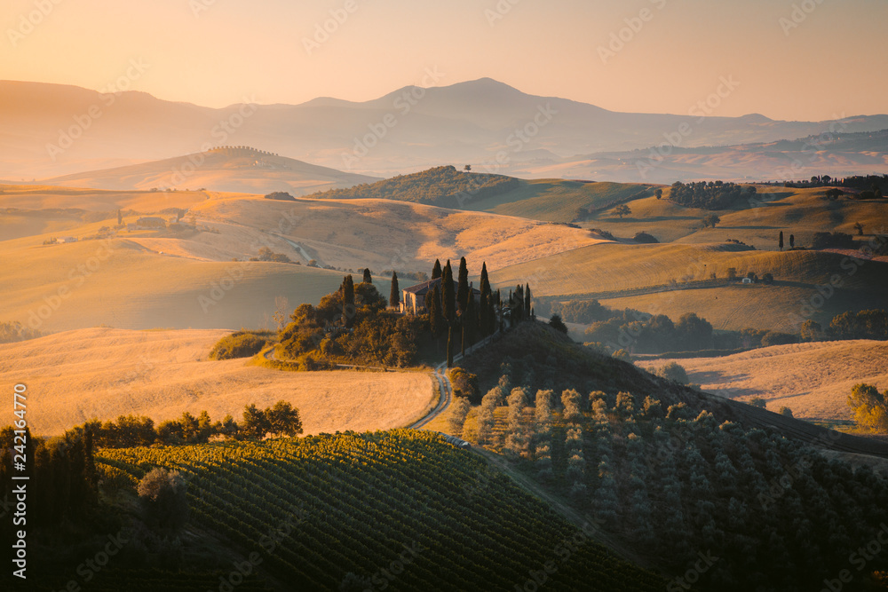 Scenic Tuscany landscape at sunrise, Val d'Orcia, Italy