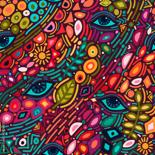 Seamless pattern with abstract botanical ethnic ornaments, florals and leaves. Handdrawn ornament lace backdrop.Floral oriental textile, fabric. Vector background - Vector