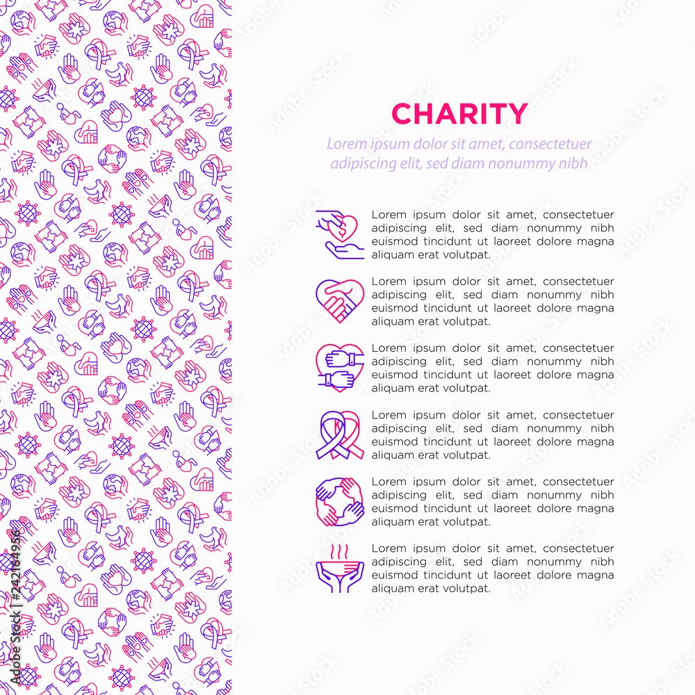 Charity concept with thin line icons: donation, save world, reunion, humanitarian aid, ribbon, medical support, charity to disabled people, life saving. Vector illustration, print media template.