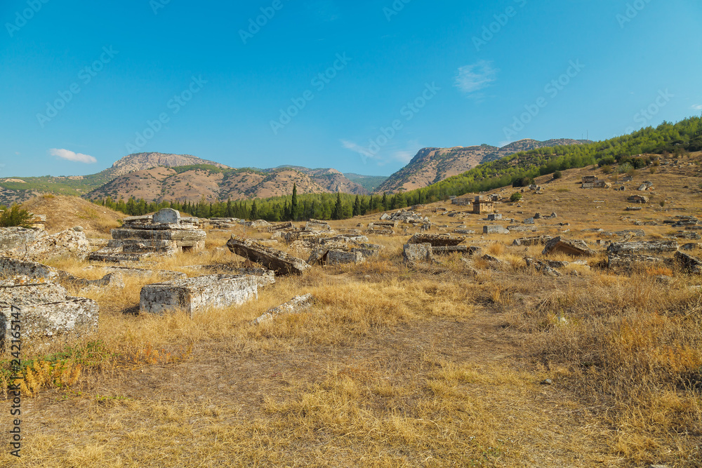The ruins of the ancient city of Hierapolis, located near the thermal springs in Pamukkale