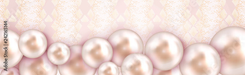 Cute Fashion poster with Realistic 3d Pearls Pink color. Sparkling perla, sphere or circle lens. Glossy layout decor. Happy Valentine's, Mother's Day, Sale background.