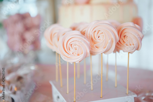 Homemade candies meringue on stick Meringue candy on wooden stick. Festive sweet table for children. Candy Bar