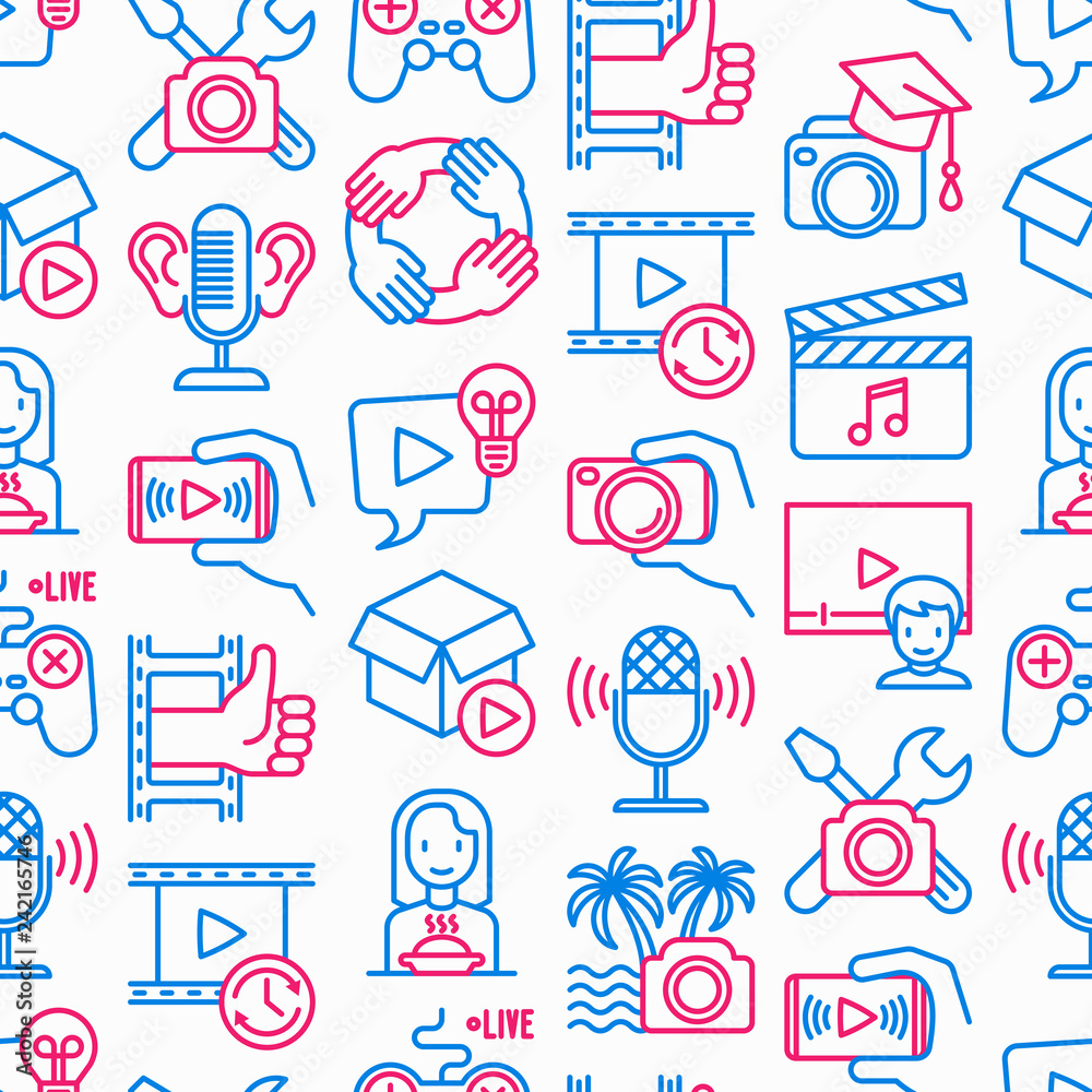 Video blogging seamless pattern with thin line icons: vlog, ASMR, mukbang, unboxing, DIY, stream game, review, collaboration, podcast, tips and tricks. Modern vector illustration.