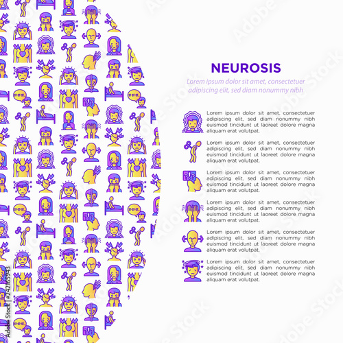 Neurosis concept with thin line icon: panic attack, headache, fatigue, insomnia, despair, phobia, mood instability, stuttering, psychalgia, dizziness. Vector illustration, print media template.
