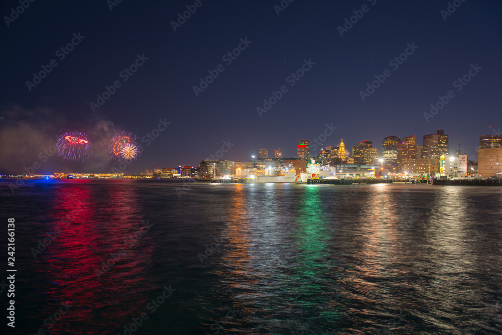 New Year's Eve Midnight Harbor Fireworks in Boston, Massachusetts, USA.