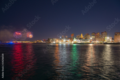 New Year's Eve Midnight Harbor Fireworks in Boston, Massachusetts, USA.