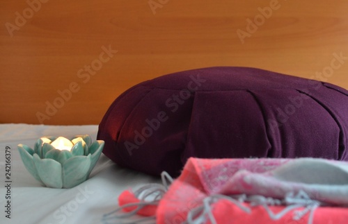 Meditating at Home Cozy Meditation Cushion Mat Spirituality Concept photo