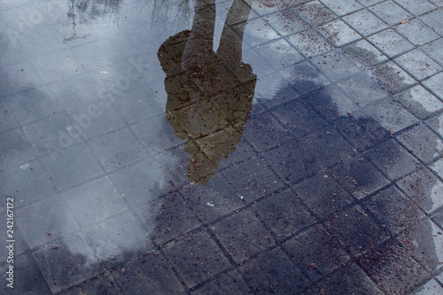 reflection of a young woman on a puddle in the street