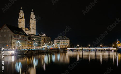 Zurich cityscape at night in winter