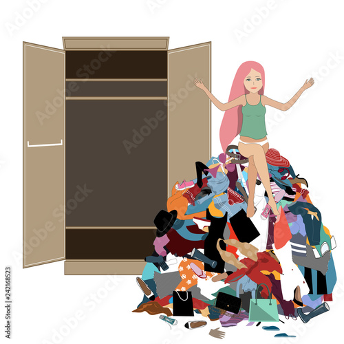 Nothing to wear concept, young attractive stressed woman seating in a pile of messy clothes gotten out of closet. Vector illustration