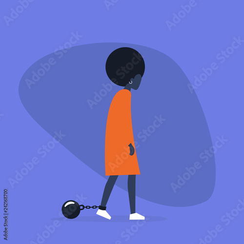 Young exhausted character wearing the shackles. Domestic violence. Obligation. Debt. Concept/ flat editable vector illustration, clip art