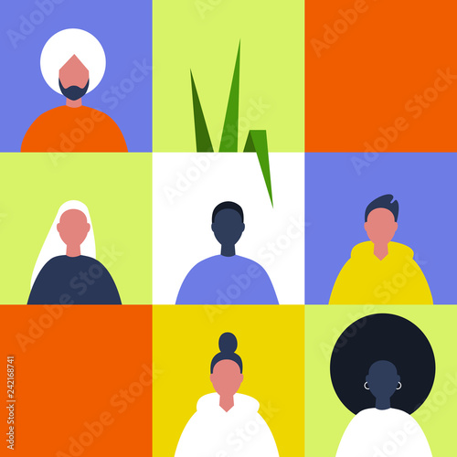 Diversity in portraits. International community of millennials. Teamwork. Modern people. Collage. Copyspace. Template. Vector illustration flat web design.