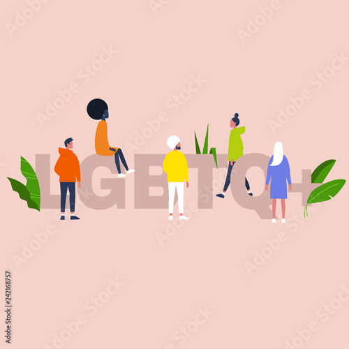 LGBTQ+ sign. Community. Homosexual relationships. Modern gay, lesbian, bisexual, transgender, queer people. Diversity. Flat editable vector illustration, clip art