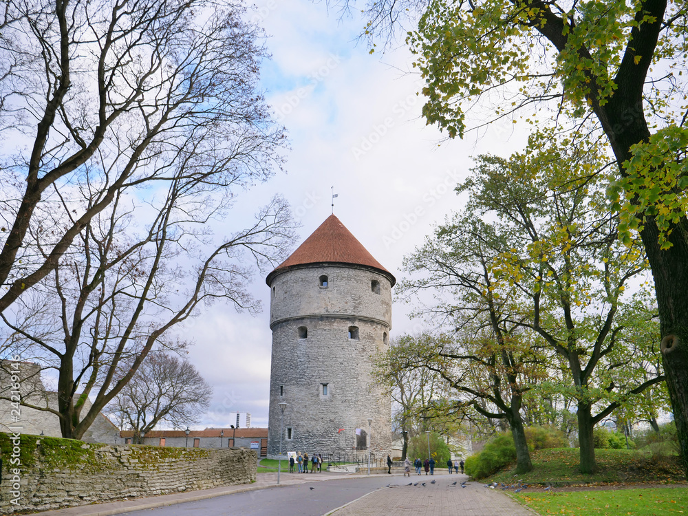 Retro vintage architecture six-story artillery tower in Historic Centre Old Town of Tallinn, Estonia