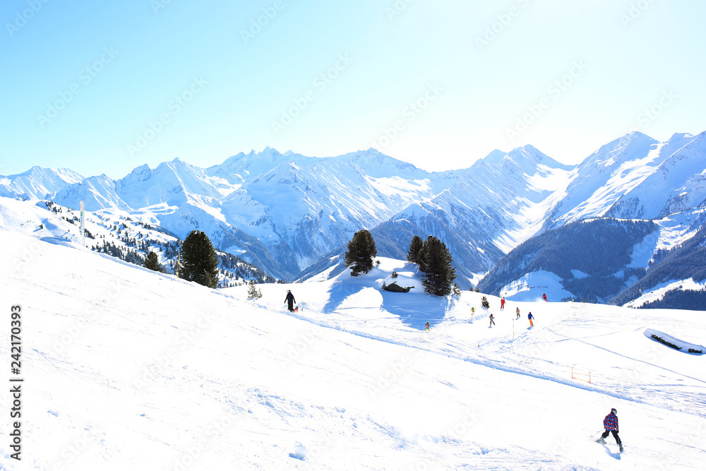 People enjoying skiing on prepared slopes in the Alps on sunny day. Beautiful snowy trees in the mountains. Perfect winter holidays destination for family in modern comfortable Alpine ski resort. 