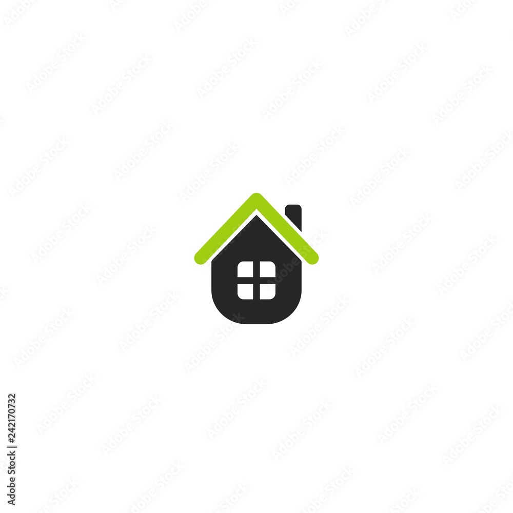 Flat black home .Simple silhouette of the house with roof and chimney. Icon isolated on