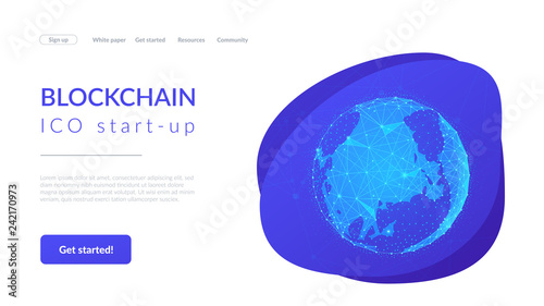 Blockchain technology futuristic landing page hero image with world globe and blockchain polygon peer to peer network. Global cryptocurrency fintech business banner concept. Low poly vector design.